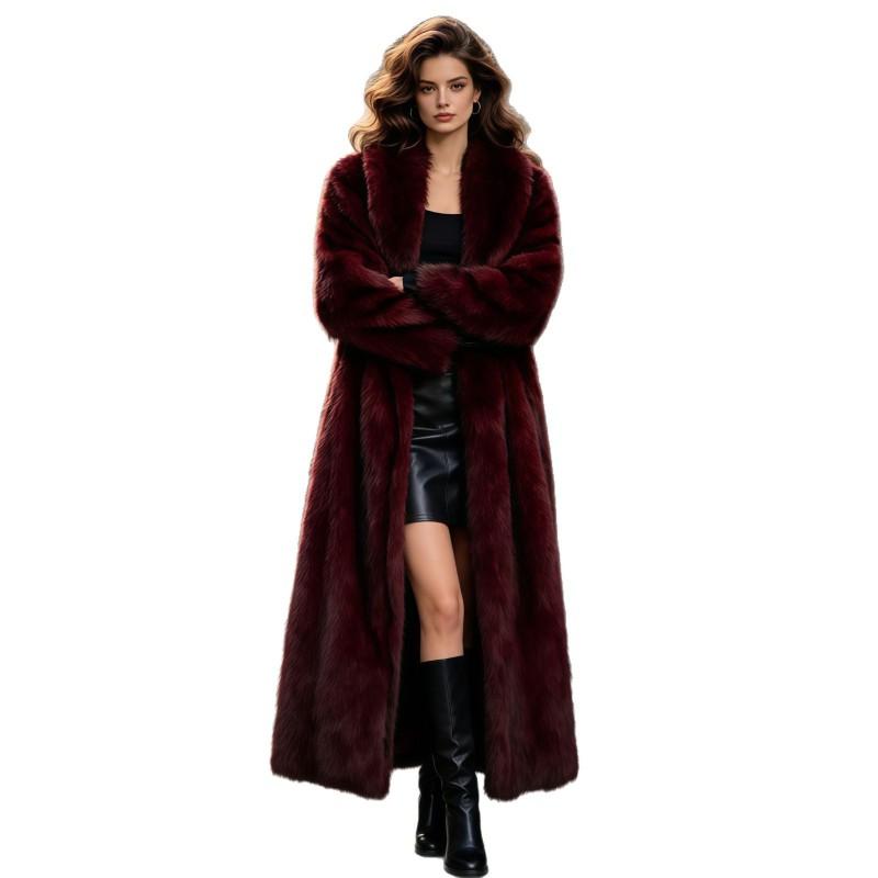 Womens Long Faux Fur Coat Lapel Collar Thick Warm Winter Outerwear Plus Size Elegant Style