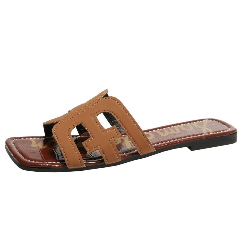 Women's Hollow Out Flat Slides, Retro Square Open Toe Summer Shoes, Casual Outdoor Beach Slides