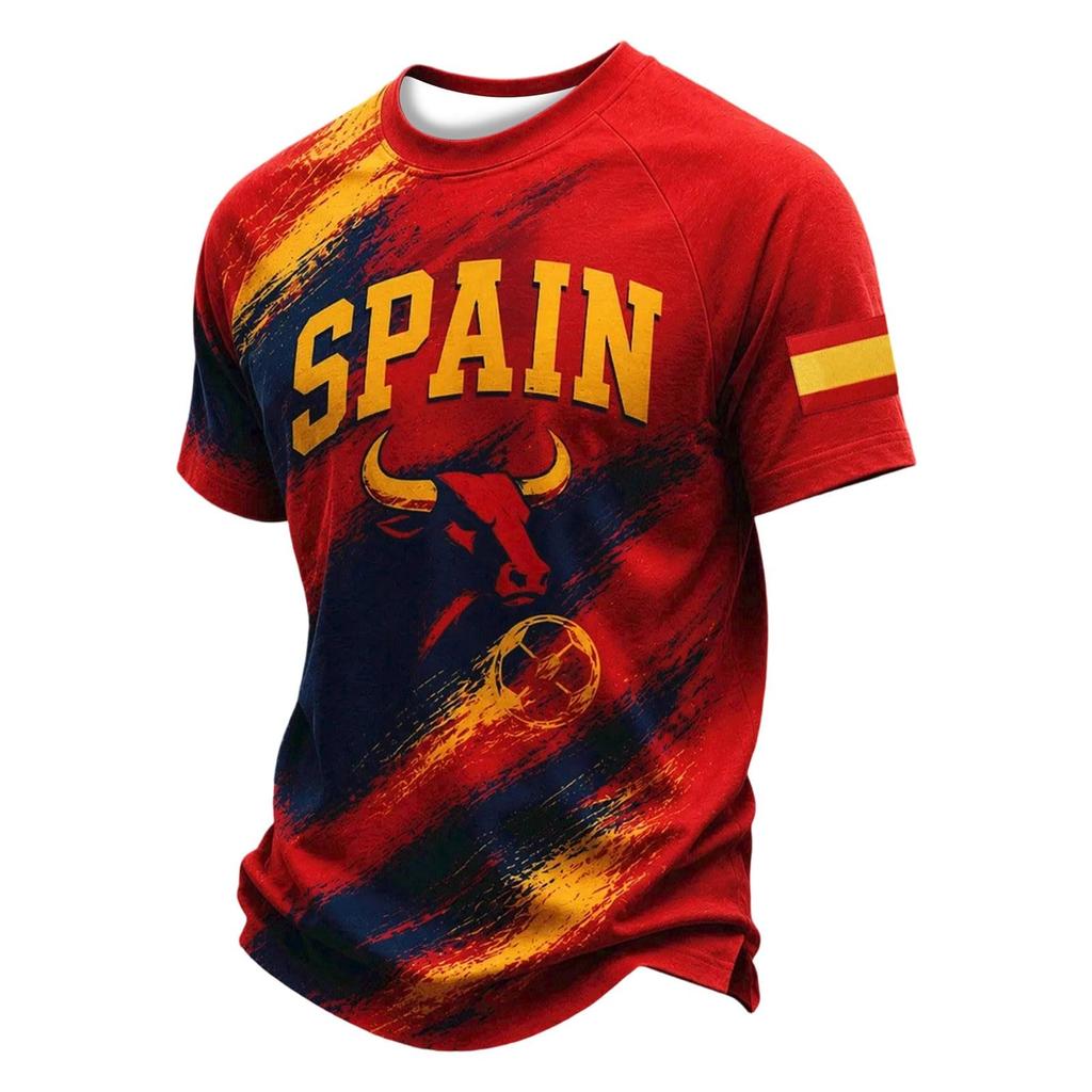 Men's Classic Crew Neck Football T-Shirt Spain Inspired Graphic Print Casual Fit Short Sleeve Top for Sports and Everyday Wear