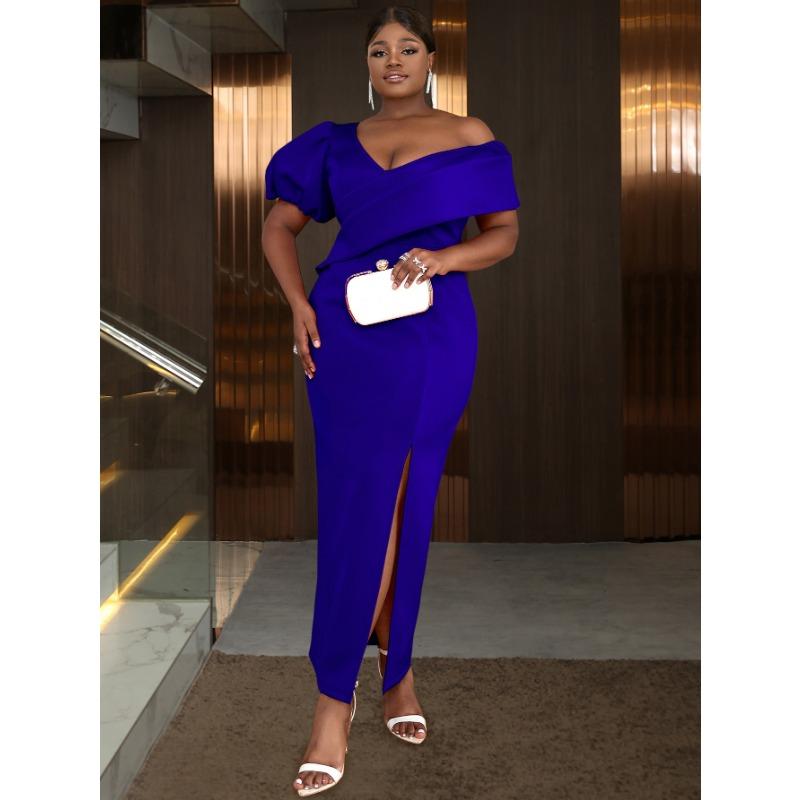 Plus Size Women S V Neck Sleeveless Slit Bodycon Long Evening Dress