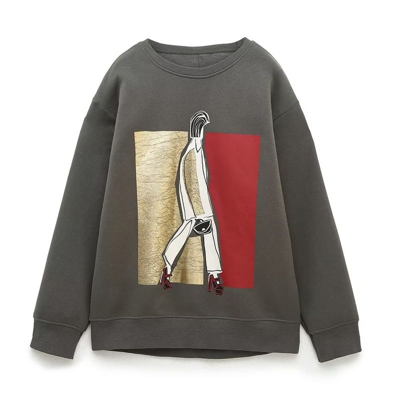 

Kaslead New Arrival Women s Clothing Fashion Style round Neck Long Sleeves Bright Girl Print Sweatshirt 0264482 533 Greyish green L