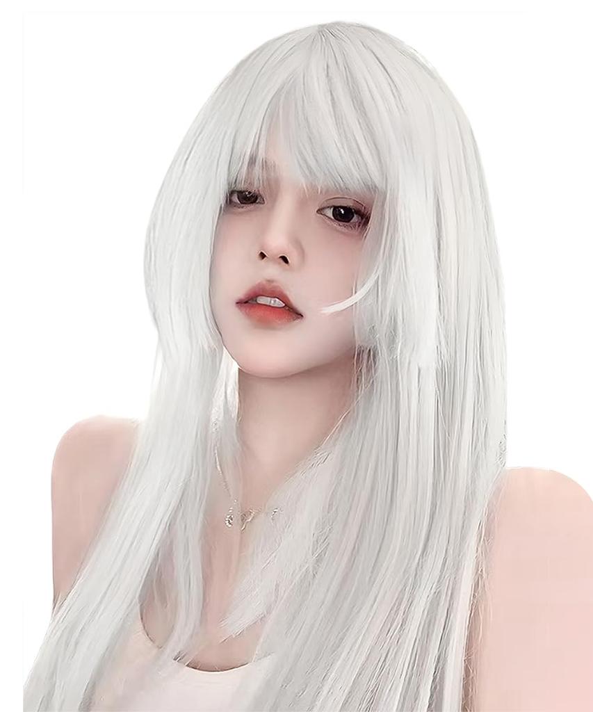 Knnzk Long White Full Princess Small with Net Wig, Straight, Cut, Lolita, Cosplay, Crossdressing, Face, Natural, Heat-Resistant, (White)