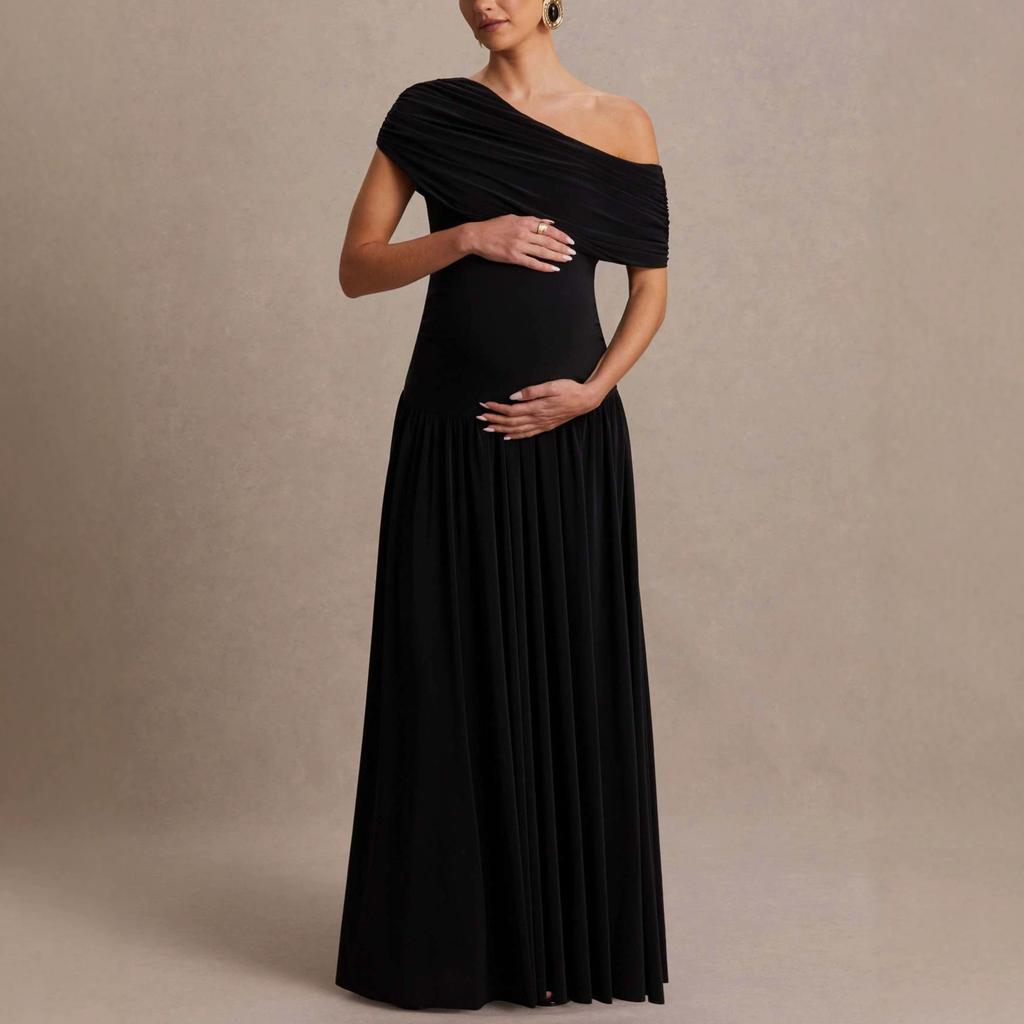 2026 spring new European, American and Amazon cross-border foreign trade women's slanted shoulder waist dress pleated solid color casual dress