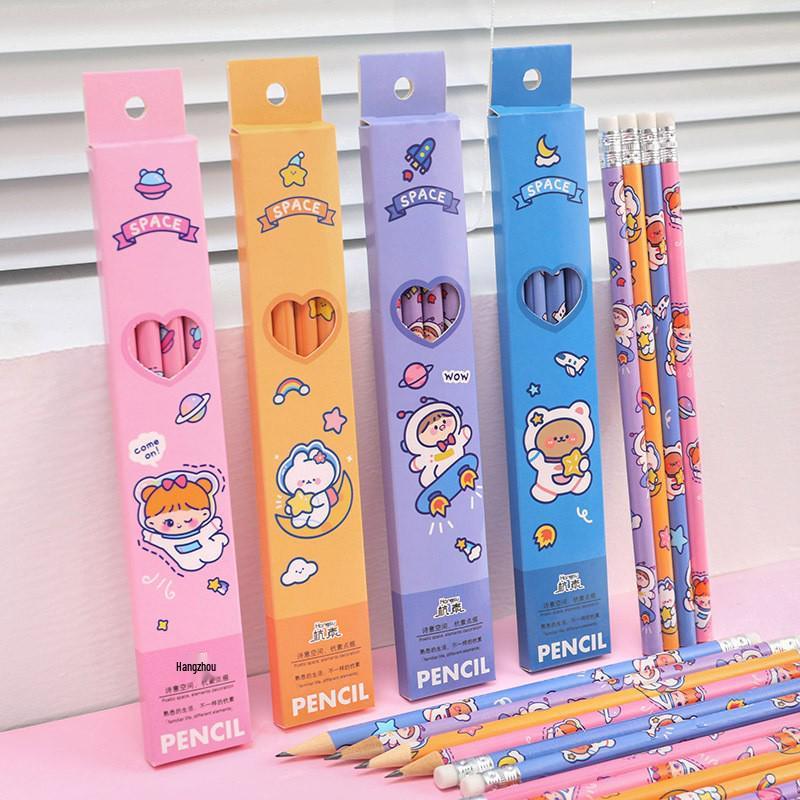 Cartoon Astronaut Pencil Set with Erasers - 4-Piece Kids' Drawing and Writing Stationery