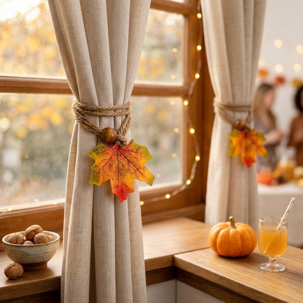 2Pcs Handcrafted Autumn Curtain Hold Back Simulated Maple Leaf Fall Leaf Curtain Strap Thanksgiving