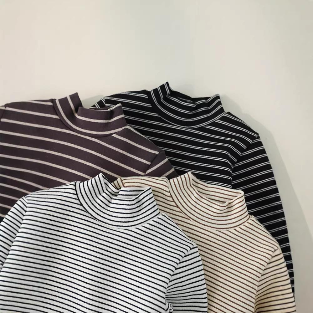 Kids' Winter Striped Velvet-Enhanced Thick Warm High-Collar Long-Sleeve T-Shirt