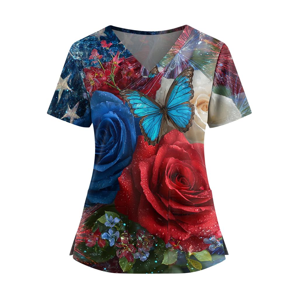 Uniforme de Manga Corta con Estampado del Día de la Independencia para Mujer, Cuello en V, Doble Bolsillo, Dobladillo con Abertura - Top para Cuidador