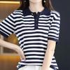 Ice Silk Striped Knitted Short-sleeved T-shirt for Women In Summer New POLO Collar Age-reducing Top Half-sleeved College Style