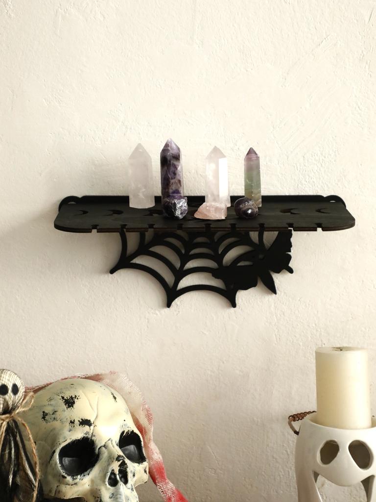 Halloween Black Wooden Wall Shelf Gothic Bat Moon Hollow Pattern Floating Shelf Crystal Holder Witch Room Decor Goth Home Decor