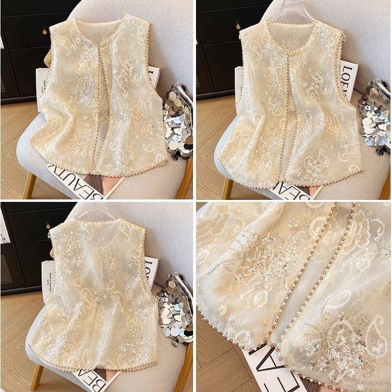 2025 new style summer embroidery thin sequined beaded vest vest top