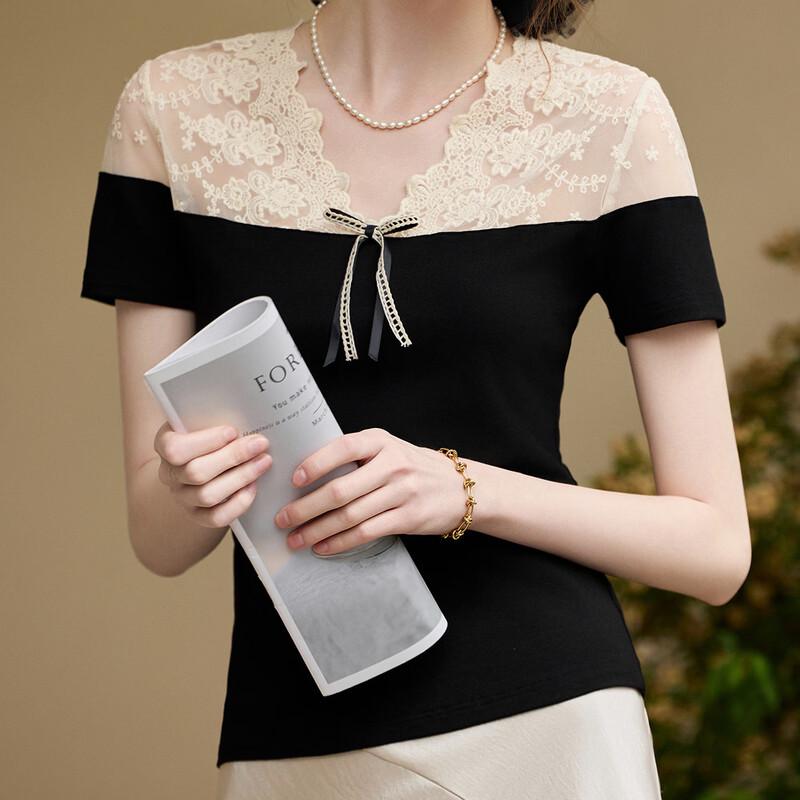 Bailuyu Women's Elegant V-Neck Lace T-Shirt with Bow Detail