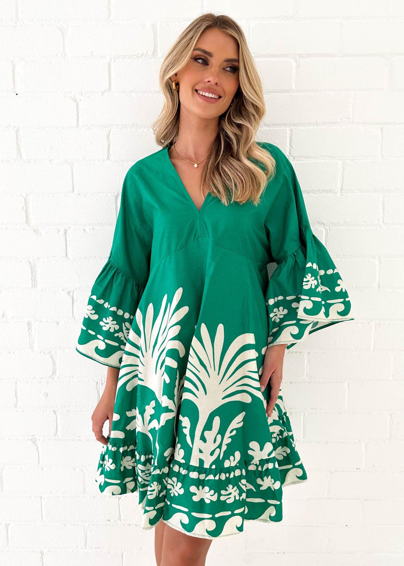 2026 summer new European and American V-neck printed horn sleeves loose short dress women S