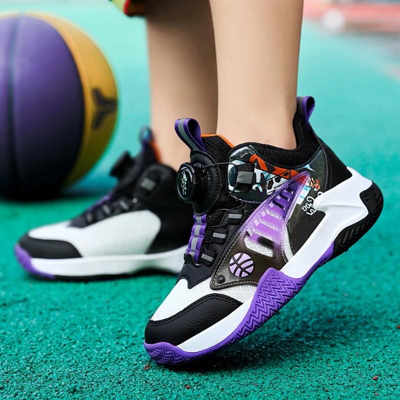 Kid Basketball Shoes Outdoor Sport Tennis Shoe Boys Gym Trainers Rotate Button Light Running Sneaker Breathable Child Ball Shoes