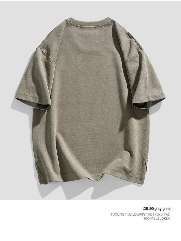 Men's Summer Heavyweight Pocket T-Shirt - Loose Fit, Solid Color, Short Sleeve, Slit Design.