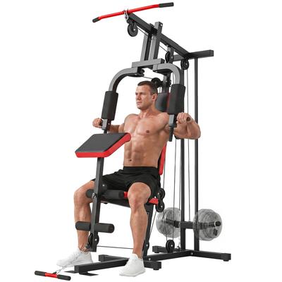 Multifunction Weight Training Station with Free Weight Plates, with Removable Bench, 136x107x205cm, Black and Red