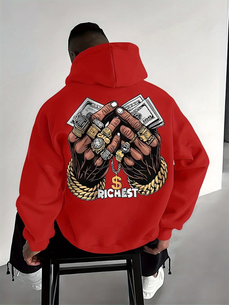 Hip Hop Luxury Hand Dollar Gold Accessory Back Graphic Print Men Hip Hop Sports Hoodie Retro Street Culture Loose Oversized Pullover Sweatshirt