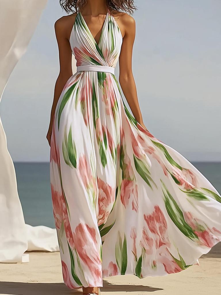 Frühling/Sommer Romantisches Resort-Stil V-Ausschnitt Rückenfreies A-Linien-Kleid - Damen Strandmode