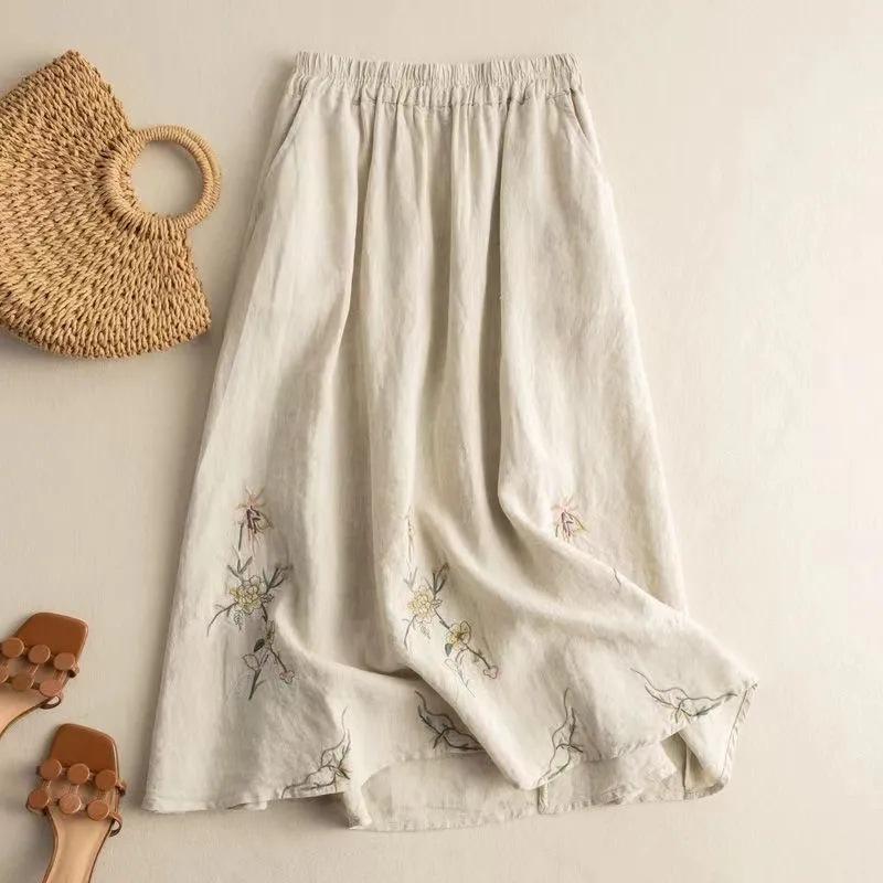 

Women s Summer Mid-length Skirt Loose Embroidery Literary Classical New A-line Skirt 3XL