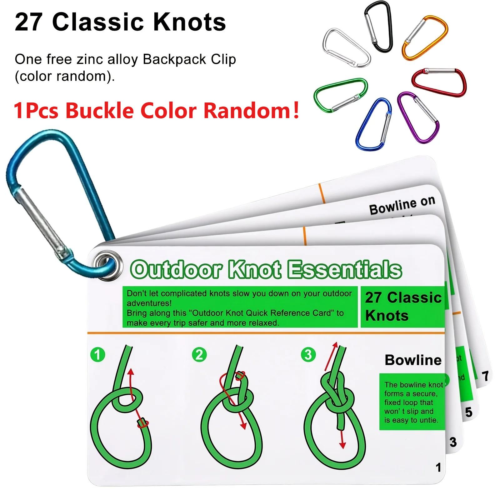 Outdoor Knot Tying Guide Cards with Carabiner Clip 27 Classic Knots Quick Reference Waterproof Card Bushcraft Survival Adventure