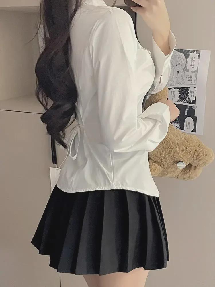 JK Style Slim Fit Long-Sleeve White Shirt with Straps - Pure Desire College Look