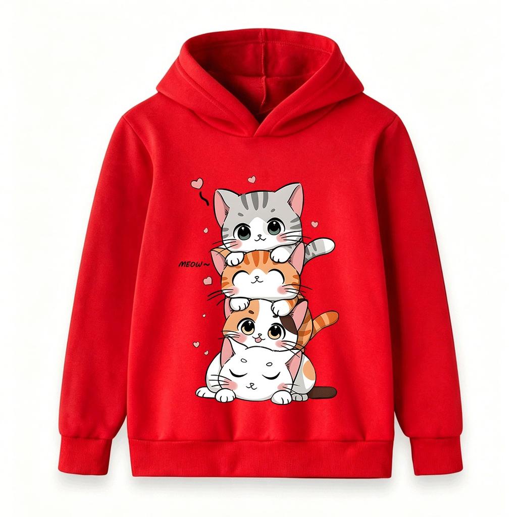 Kids Boys Girls Hoodie Cute Stacked Kitten Pattern Pullover Sweatshirt Casual Soft Long Sleeve Top for Children Daily Wear School Outdoor Activities