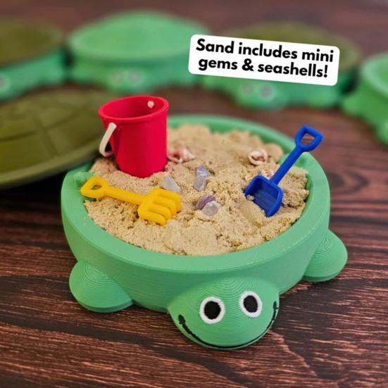 Mini Schildkröten-Sandkasten mit Deckel Sand Mini-Werkzeuge Zubehör 3D-gedruckte Schildkröte Sandaufbewahrungsbox Runder Behälter Kindersommer-Strandspielzeug