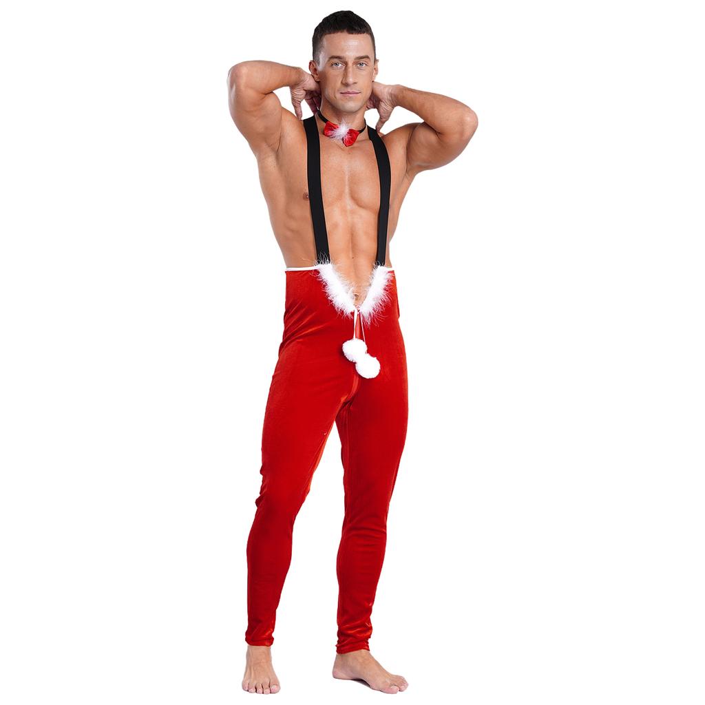 Men's Christmas Cosplay Jumpsuit Plush Ball Zipper with Bowknot Neckband Elastic Strap for Stage