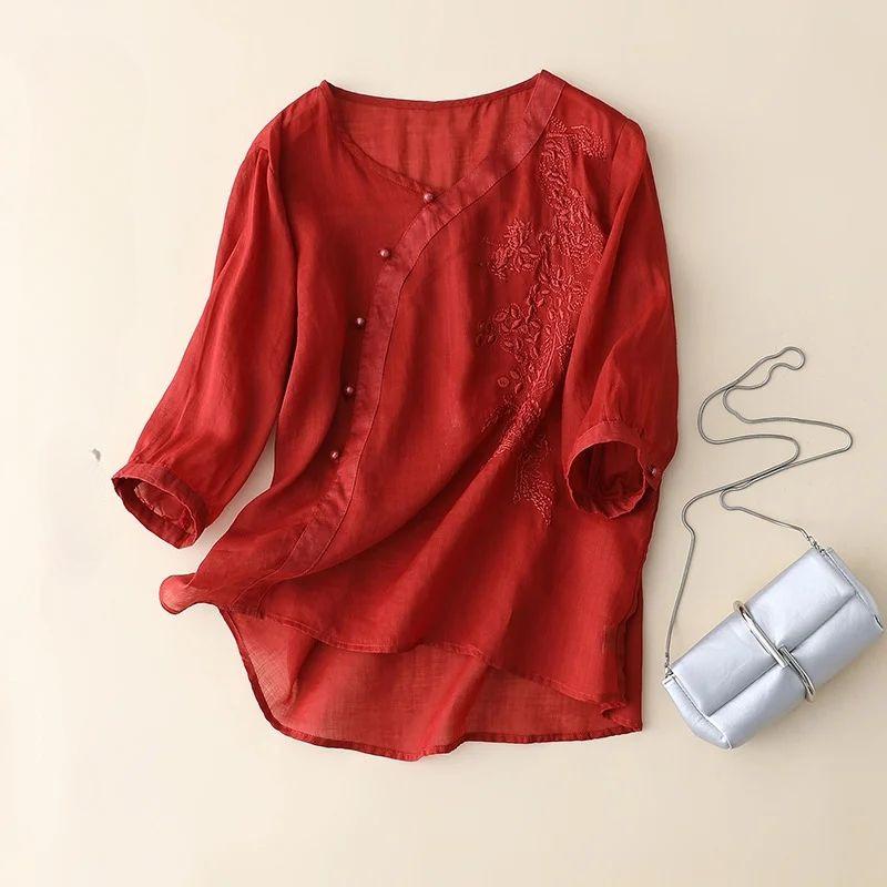 Plus Size Women's Vintage Cotton Linen Shirt Summer Loose Slimming Embroidery Half Sleeve V-neck Button Up Tops
