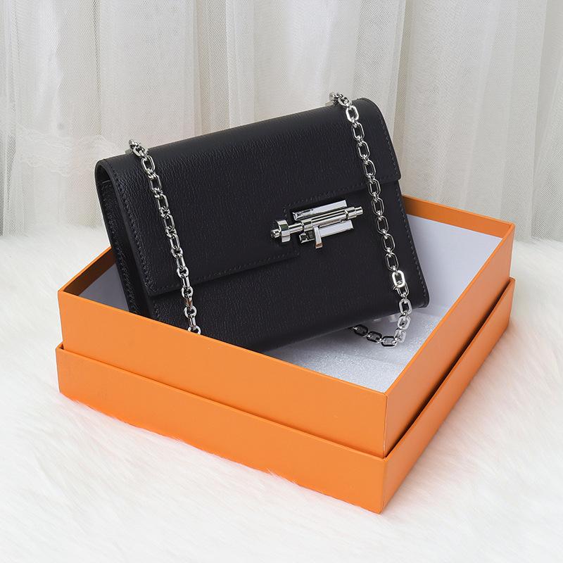 First Layer Cowhide Chain Bag Women'S Latch Bag Leather Lock Small Square Bag Shoulder Messenger Bag