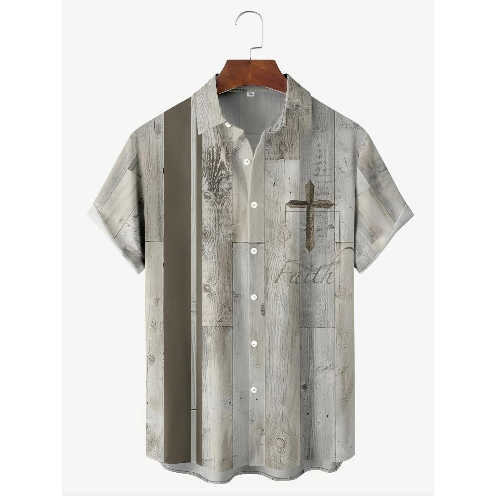 

Easter Retro Wooden Board Texture Print Men s Plus Size Button Pocket Short Sleeve Shirt S