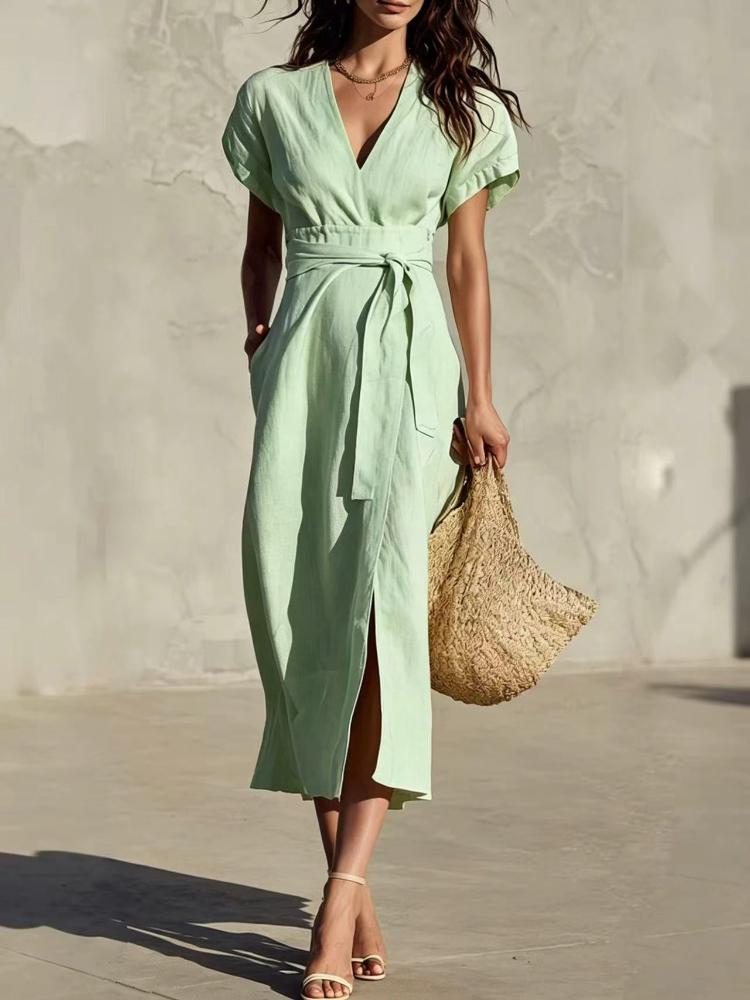 Elegant White V Neck Cap Sleeve Maxi Dress with Self Tie Belt and Side Pockets