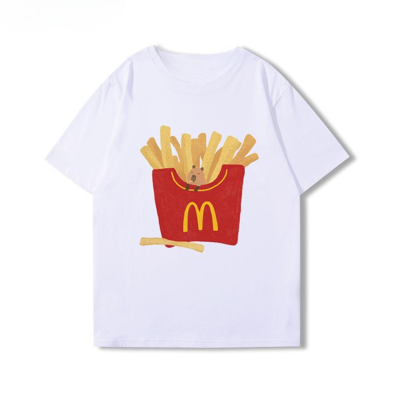 2025 Cute Capybara Capibara Coffee Chips Cartoon Peripheral Short Sleeve Men's and Women's Summer Cotton T-shirt Trend Tops Tee