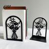 Metal Bookend 1 Pair Flower Bookends, Decorative Vase Book Ends for Shaped Shelves, Black Holder Stopper Home Office Reading Room Desktop