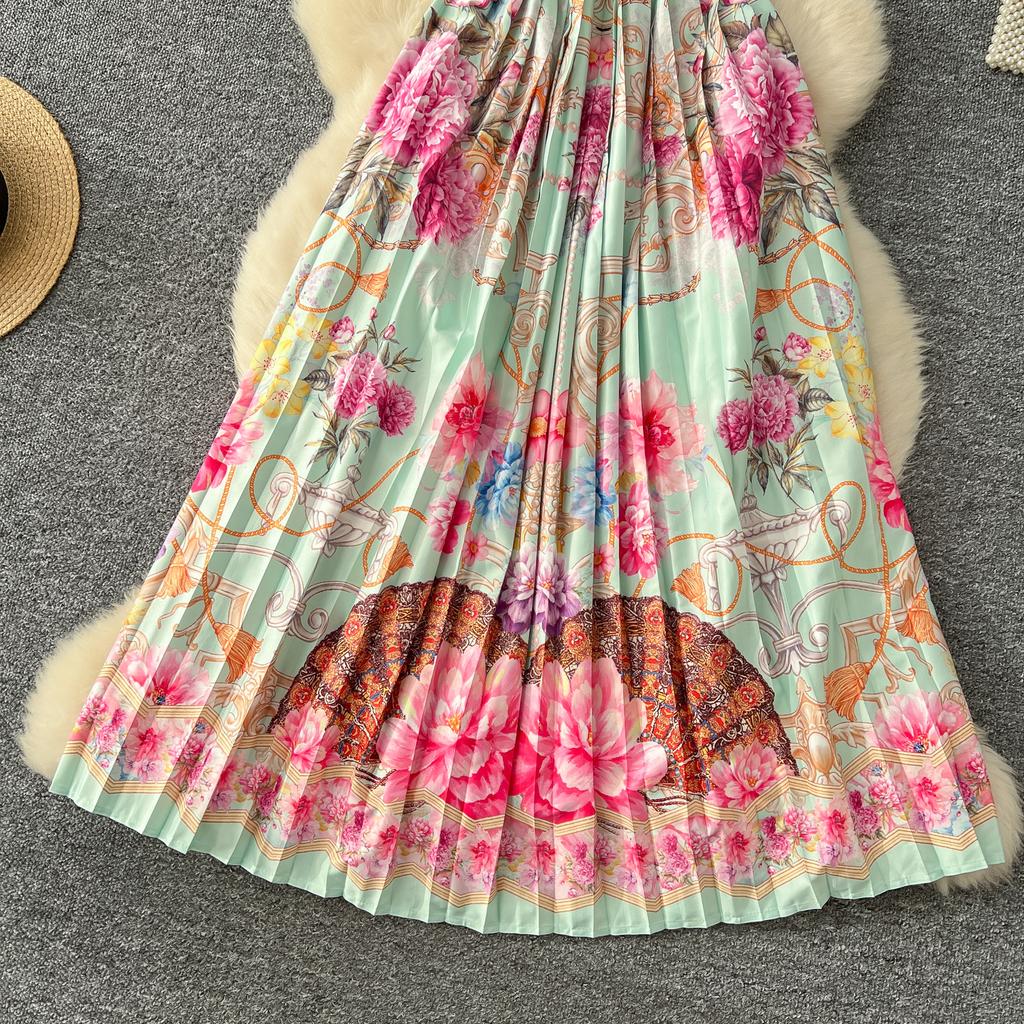 France Elegant Vintage Slim Evening Dress Women Print Button Pleated Long Party Dress Female Casual Chic Holiday Clothing New