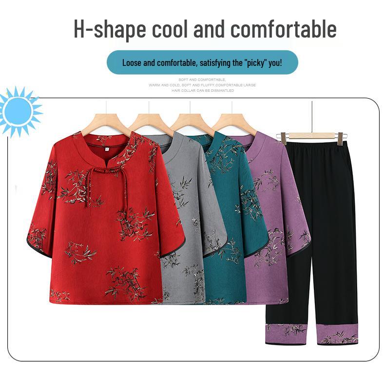 Chic Summer Two-Piece Set: Short-Sleeved Chinese Style for Middle-Aged and Elderly Women