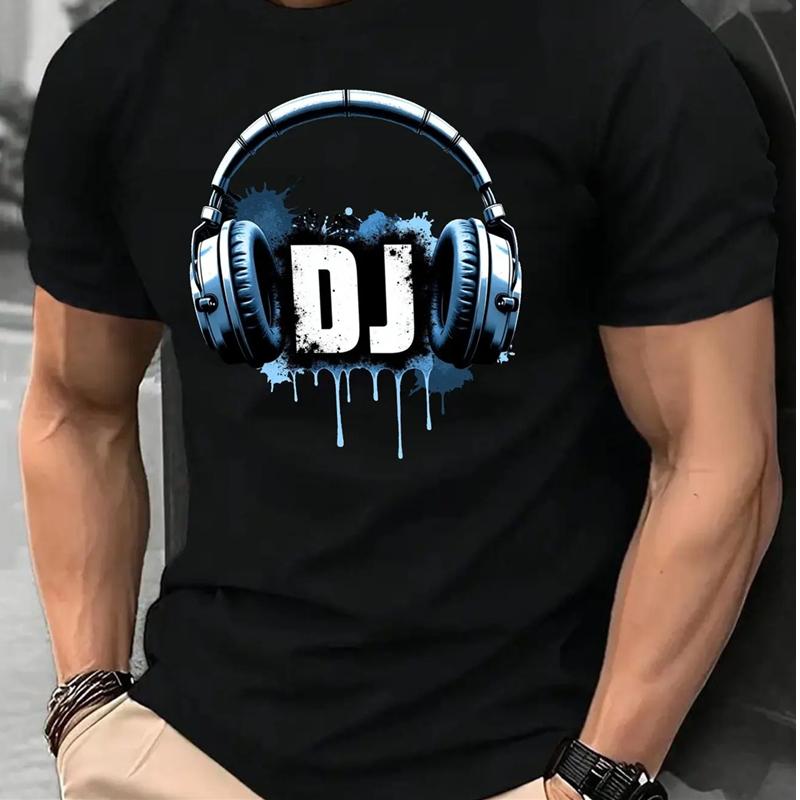 Mens DJ headphone pattern Tshirt slightly elastic knitted casual summer Tshirt breathable cotton mens wear