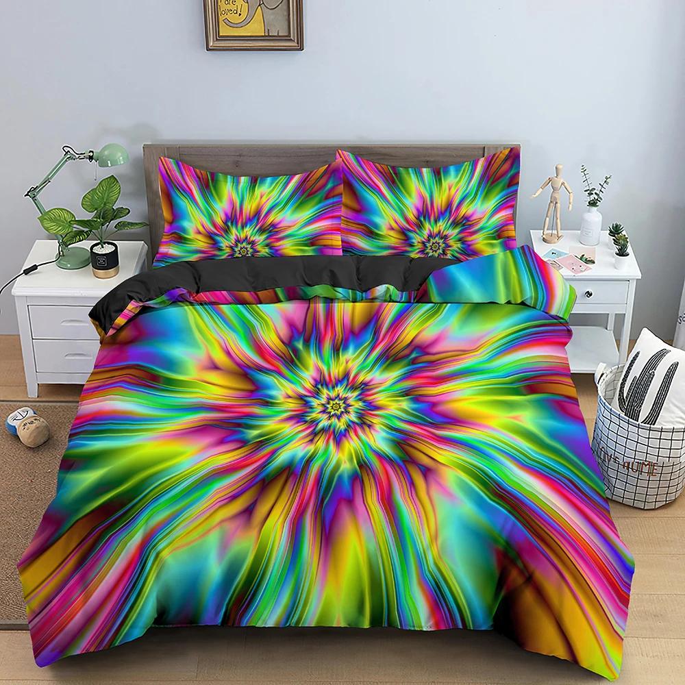 3D abstraktní povlak na přikrývku King Queen Size Barevné vlnité povlečení Set Psychedelický geometrický měkký povlak na přikrývku s povlakem na polštář