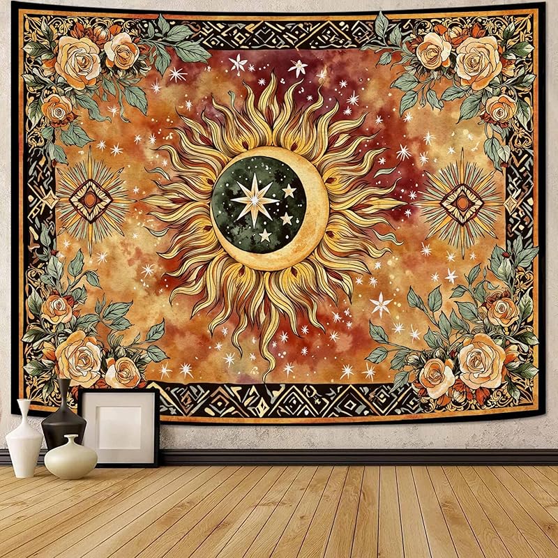 Faxdong Boho Green Butterfly Tapestry, Aesthetic Triple Moon and Sunflowers Crystal Tapestries, Moth Mystic Decor for Bedroom Living Room