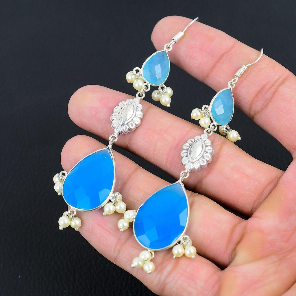 Geburtstagsgeschenk Für Sie Natürliche Blaue Saphir Tropfen/Hängeohrringe 925 Silber