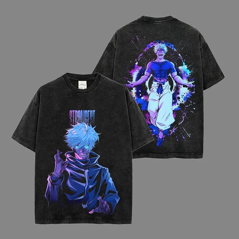 

Годжо Сатору Магическая битва Аниме Одежда Мужские Женские Футболки Короткий Рукав Выстиранная Футболка Винтажная Хлопковая Футболка Харадзюку Топы XXL чёрный