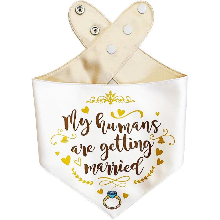 My Humans are Getting Married Dog Bandana with Snap Button - Silky Satin Wedding Pet Scarf, Engagement Gift, Wedding Announcement Accessory for Dogs, Small