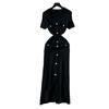 Xiaoxiangfeng high-end rough edge V-neck short-sleeved knitted dress women's summer waist single-breasted slim-fitting long skirt