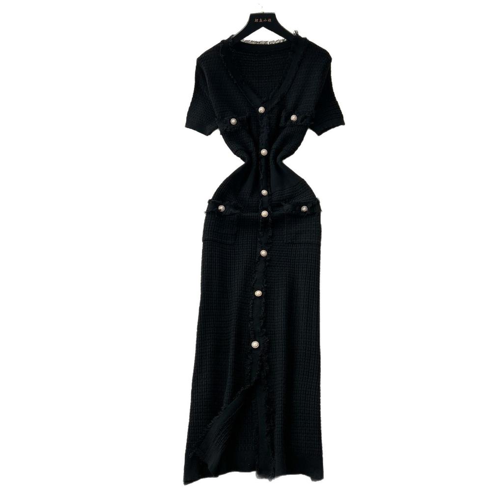 Xiaoxiangfeng high-end rough edge V-neck short-sleeved knitted dress women's summer waist single-breasted slim-fitting long skirt