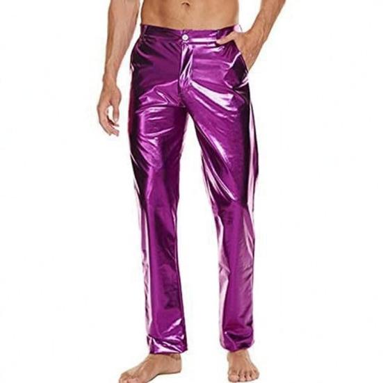 Men Pants Mid-rise Button Zipper Fly Shiny Casual Trousers