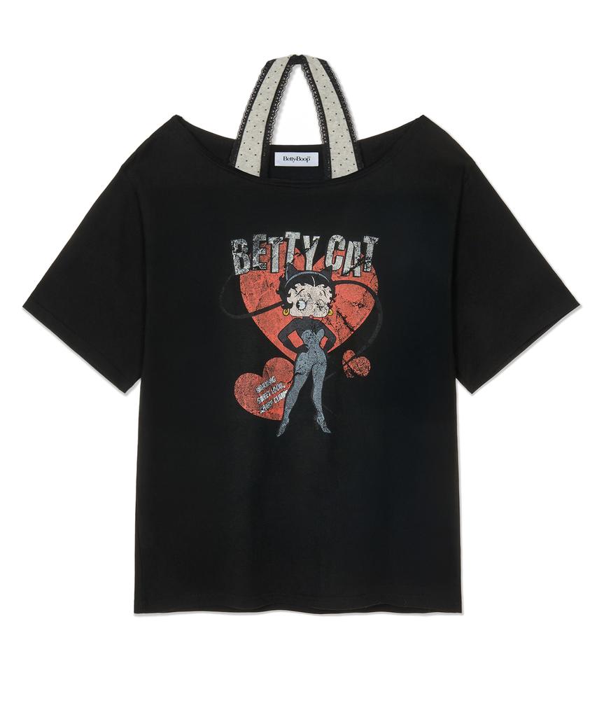 CNVS [Set] Betty Boop Betty Cat Halter Off-Shoulder Short Sleeve T-Shirt_Black