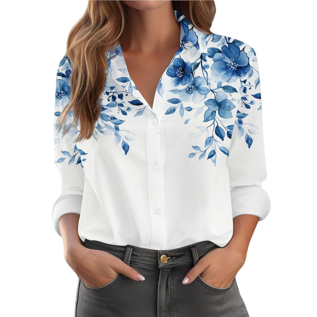 Kadın Gömlek Çiçek Baskılı Düğmeli Uzun Kollu Günlük Normal Gömlek Bluzlar Günlük Büyük Beden Temel Üstler