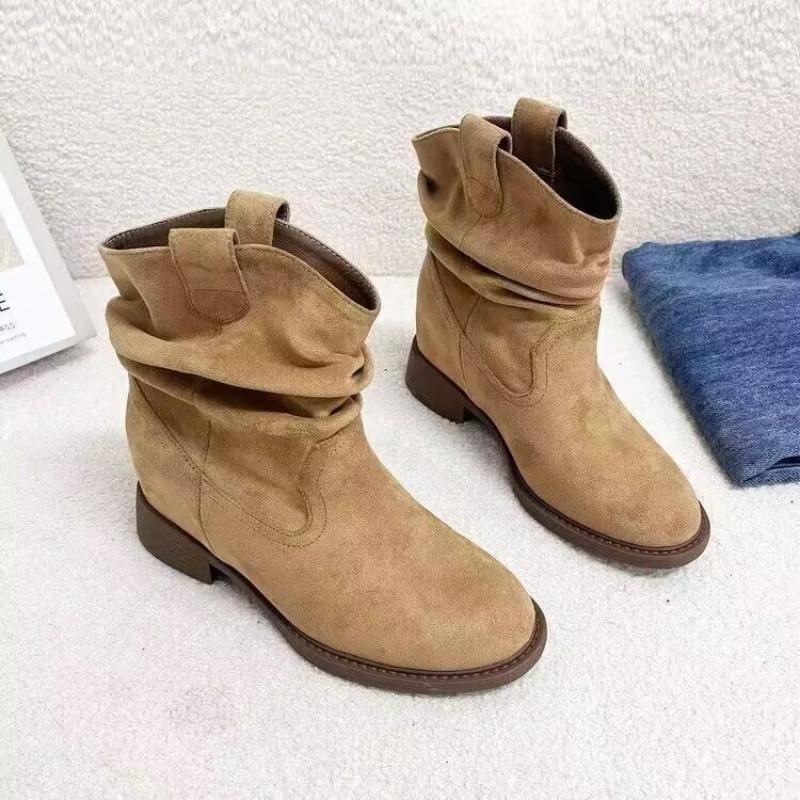 Fashion Suede Sleeve Stack Boots Autumn New Round Toe Pleated Soft Sole Non-slip Block Heel Short Boots