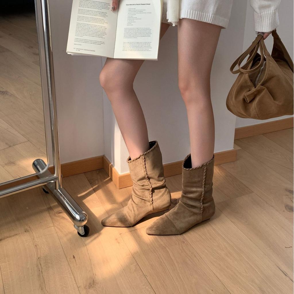 2025 autumn and winter new pointed suede piled medium tube thin sloping heel Martin women's short boots