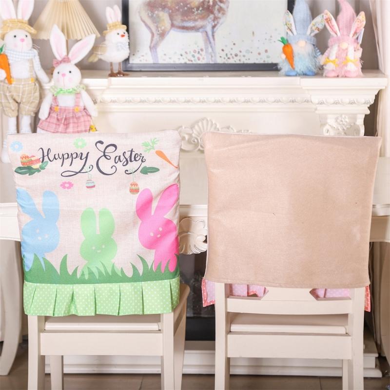 Rabbit Gnome Chair Back Cover Easter Holiday Party Ruffle Hem Chair Slipcover Washable Linen Furniture Protective Cover