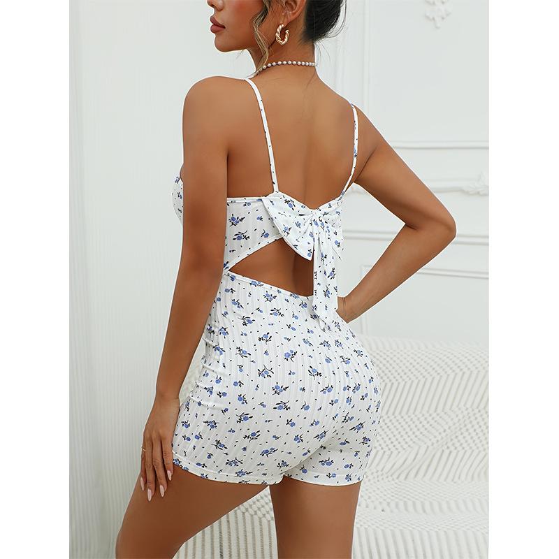 2025 Summer Women's Floral Print Bow-Back Bodycon Jumpsuit
